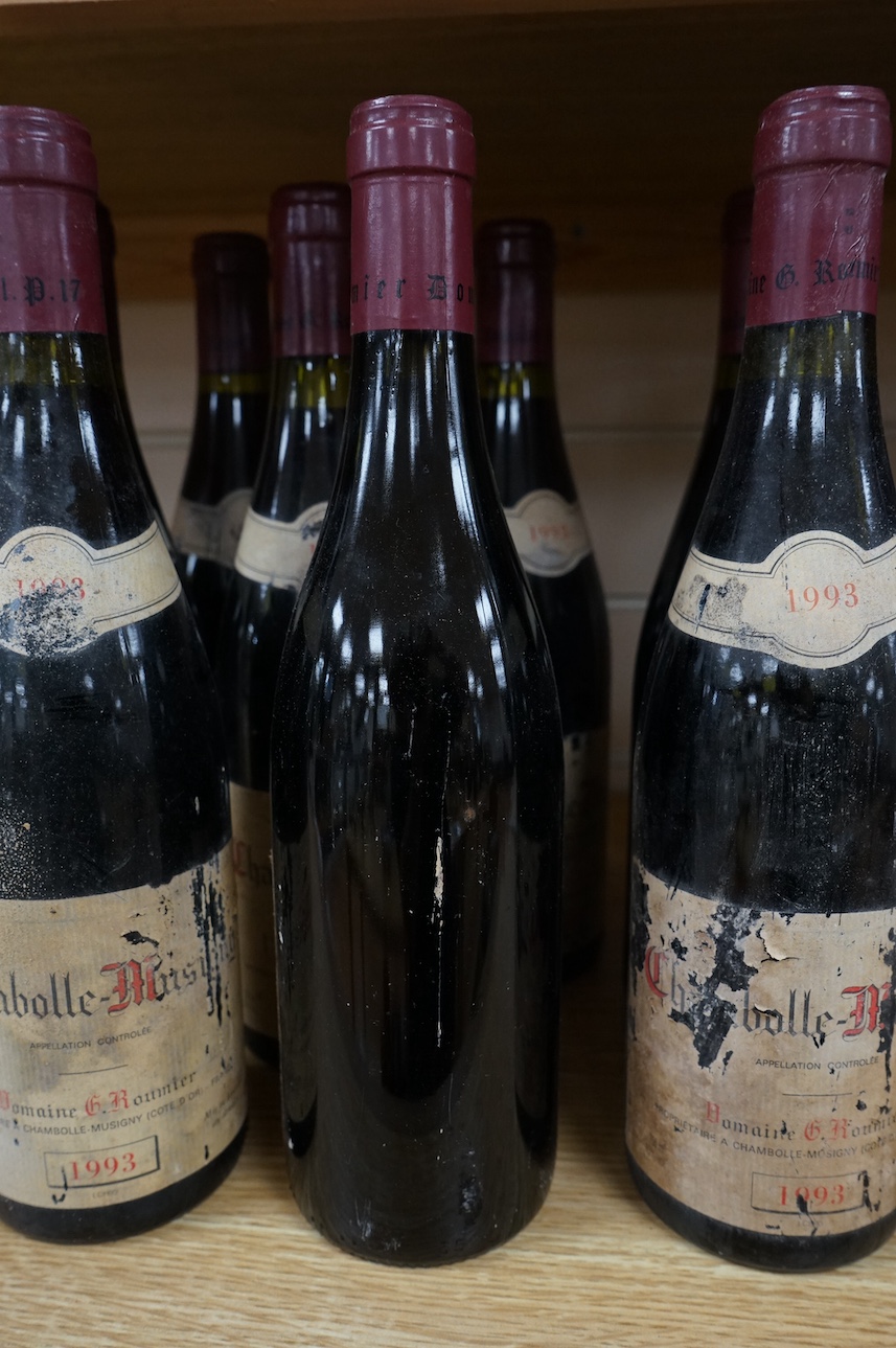 Ten bottles of Georges Roumier Chambolle-Musigny comprising nine bottles, 1993 and one 1996. Condition - fair, labels disintegrated, from a local private cellar